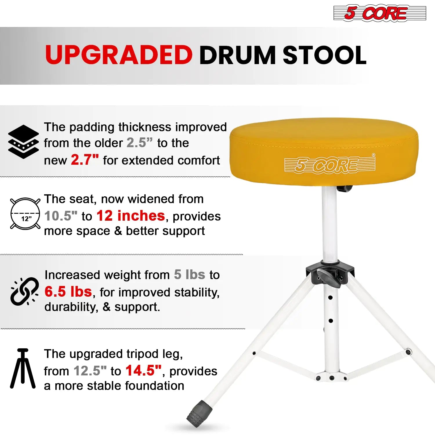 5Core Drum Throne Adjustable Guitar Stool Padded Drummer Seat for Adults & Kids
